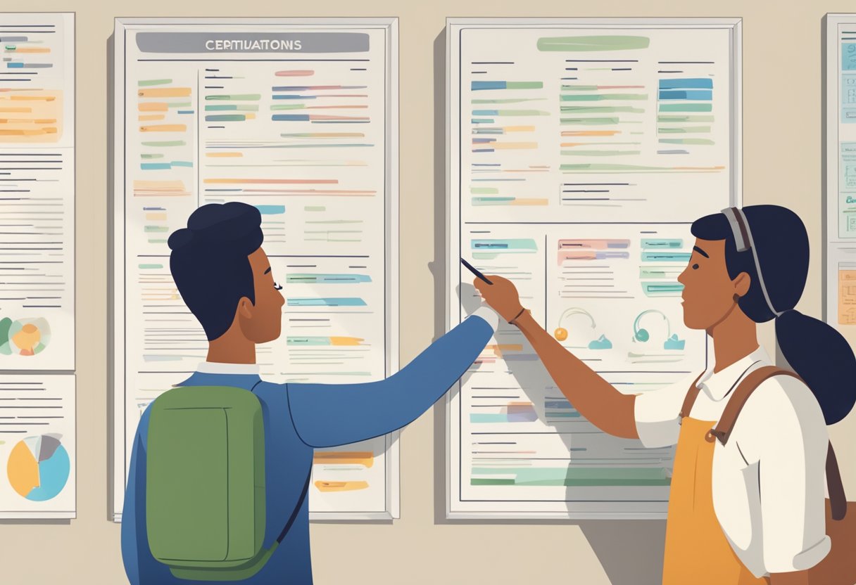 A person pointing to a list of qualifications and certifications on a wall, while another person nods in agreement