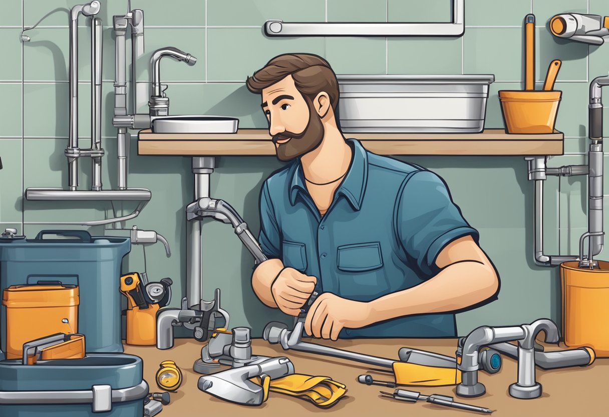 A plumber selecting tools and materials for a basic plumbing job