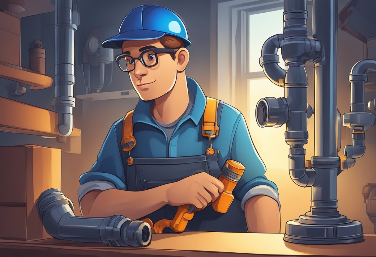 A skilled plumber inspecting pipes and fittings with a flashlight. Quality tools and a confident demeanor
