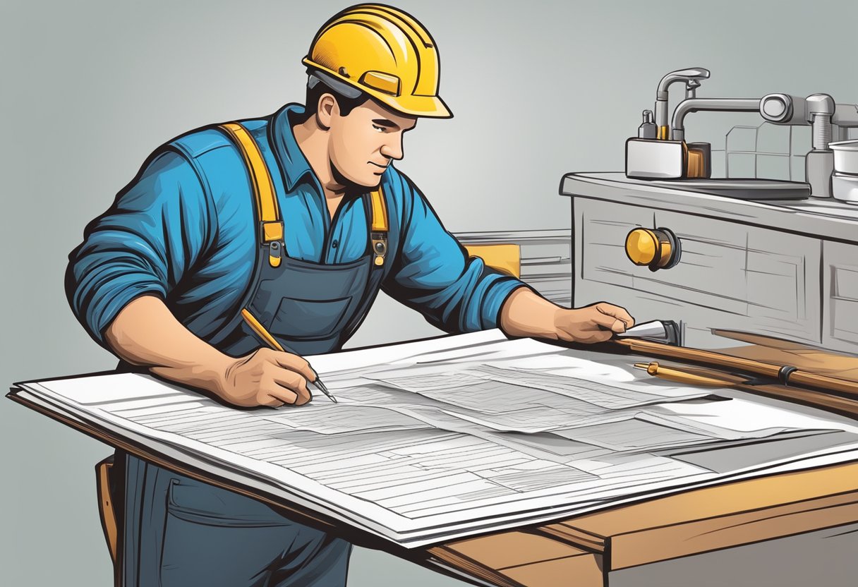 A plumber examining a cost estimate and pricing list