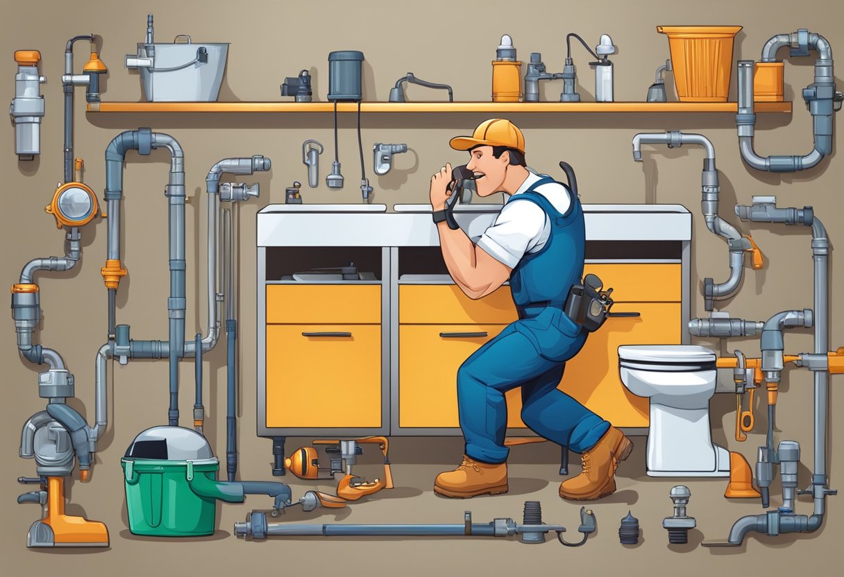 A plumber talking on the phone with a customer, surrounded by various plumbing tools and equipment