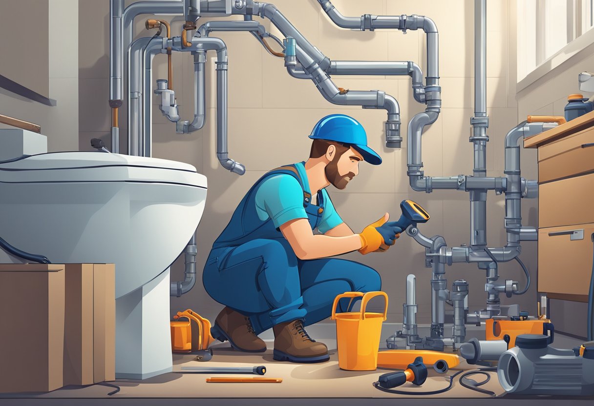 A plumber working on a pipe in a modern, well-lit room with tools and equipment scattered around