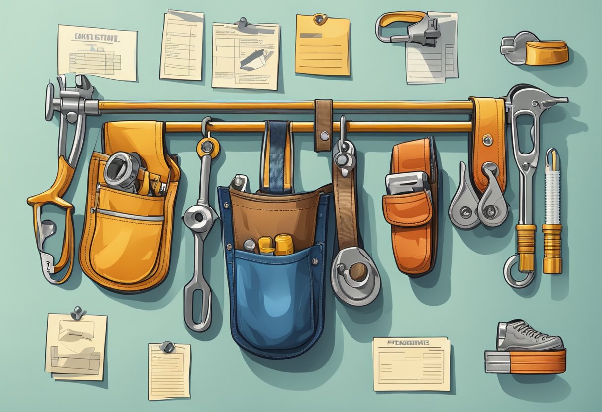 A plumber's tool belt hangs on a hook, next to a price list for plumbing services in 2024