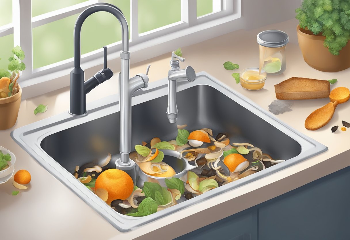 A clogged kitchen sink with food scraps and grease. Use a plunger or drain snake to clear the blockage