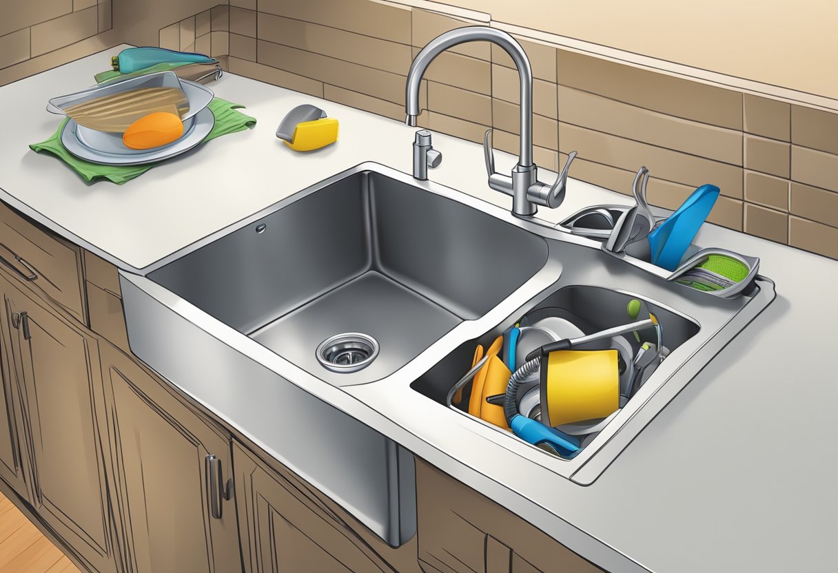 A clogged kitchen sink with tools nearby, ready for unclogging