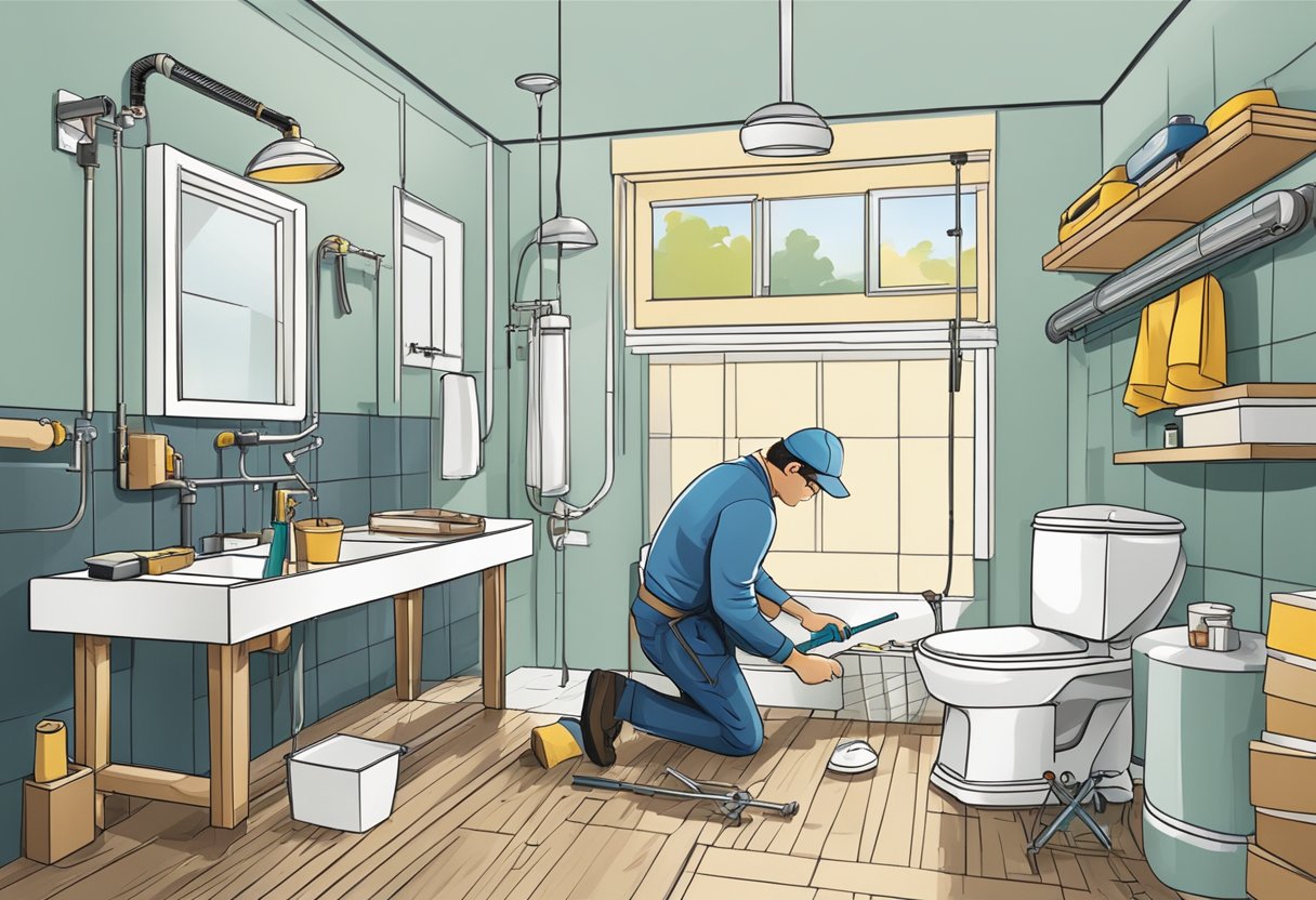 A person installing pipes in a bathroom, surrounded by tools and materials